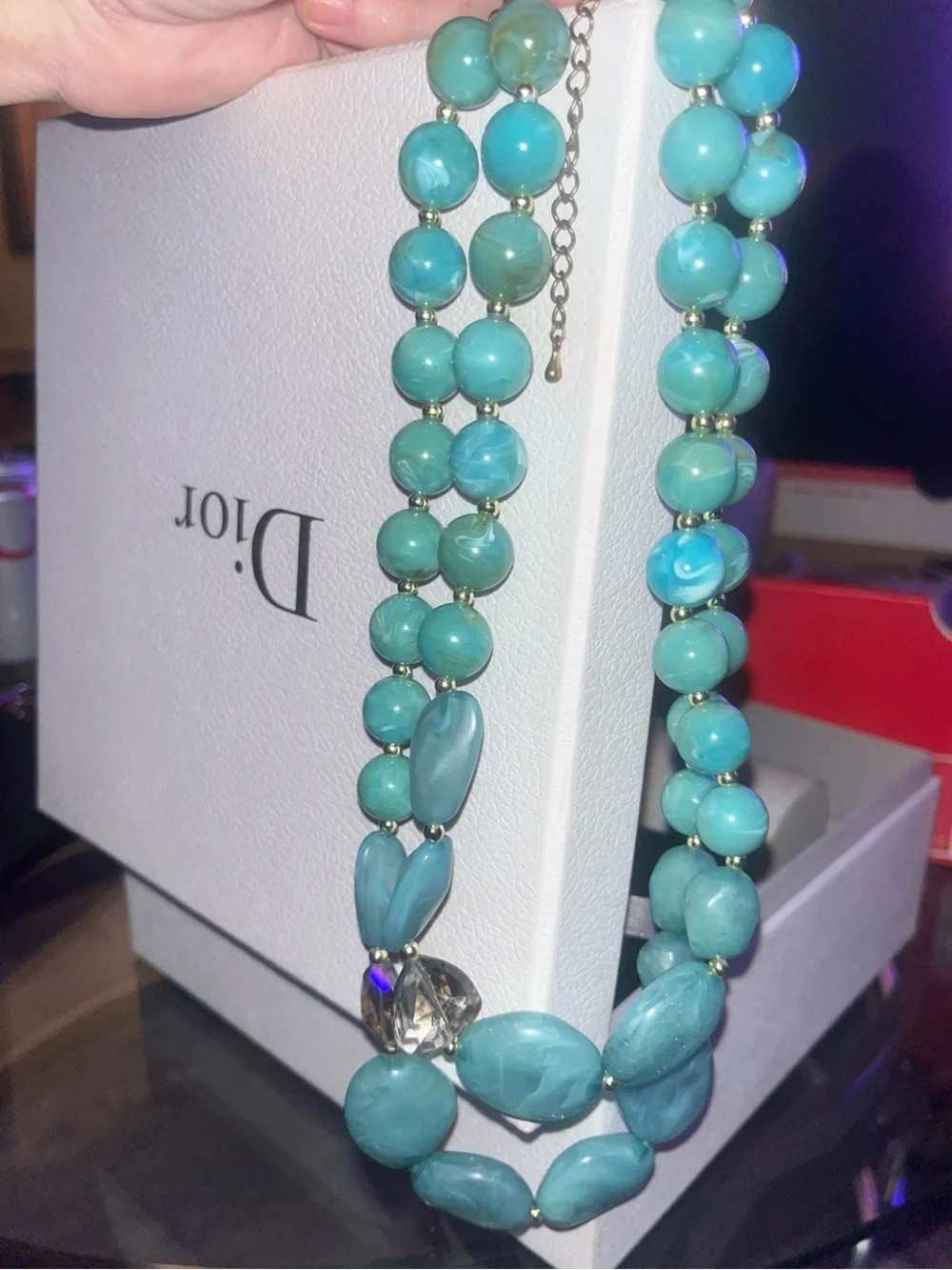 New Double Strand Natural Turquoise Stone Beads & Crystal Statement Necklace